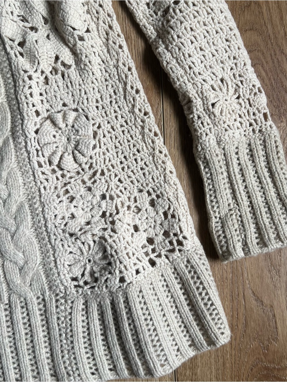 Anthropologie-Angel of the North Cream Openwork Cable Knit Shawl Collar Sweater - Picture 7 of 11